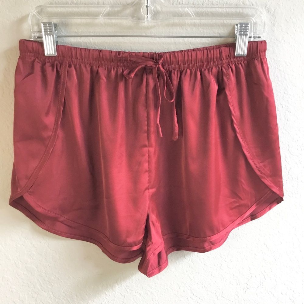 Satin feel pj shorts soft silky dark red elastic waist